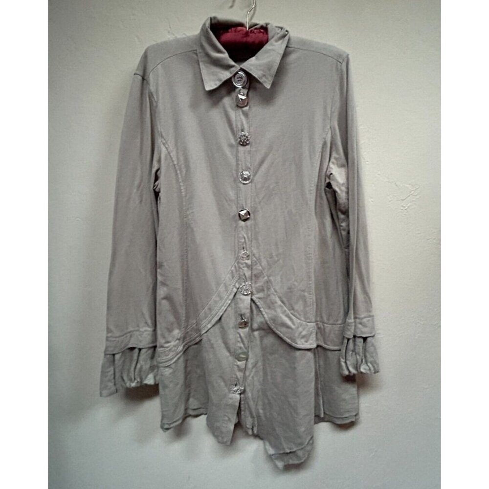 Neon Buddha Womens Tunic Top Embellished Button Front Long Sleeve Gray Large Art